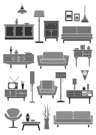 Home and room furniture icons. Set of chair or armchair, sofa and table, chest or wardrobe. Vector interior floor lamp and wall clock, flower vase and tv stand, bookshelf and picture or photo frameのイラスト素材
