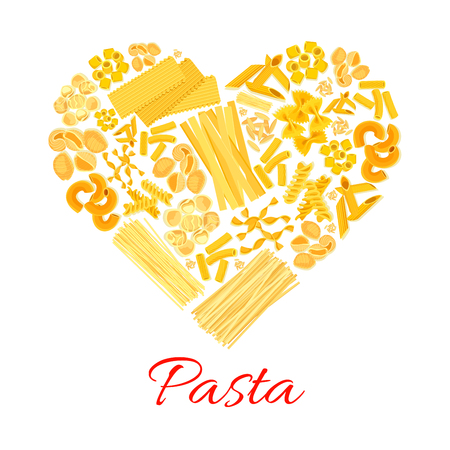Pasta heart symbol of macaroni and spaghetti. Italian cuisine poster of vector penne and lasagna or tagliatelli and ravioli, farfalle pappardelle, konkiloni bucatini and tortiglioni creste di galloのイラスト素材
