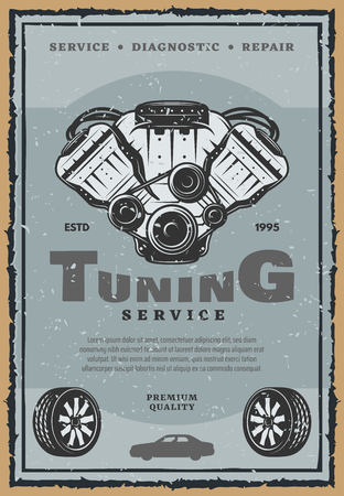 Car auto tuning service or retro poster. Vector vintage design of car tires with light alloy wheels and engine motor with vales for automobile spare parts shop or mechanic garage repairのイラスト素材