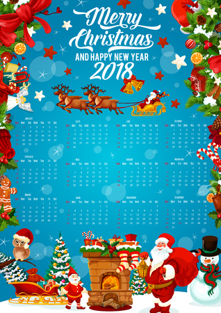 Festive calendar template of Christmas and New Year holiday celebration. Holly berry and Xmas tree frame of 2018 year calendar, adorned by Santa, snowman and snowflake, gift, candy, sock and cookieのイラスト素材