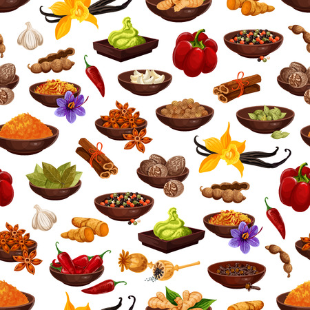 Spice and herb seamless pattern background with aroma food ingredient. Clove, anise star and pepper, cinnamon, ginger and vanilla, cardamom, nutmeg and garlic, cumin, saffron, chili and turmericのイラスト素材