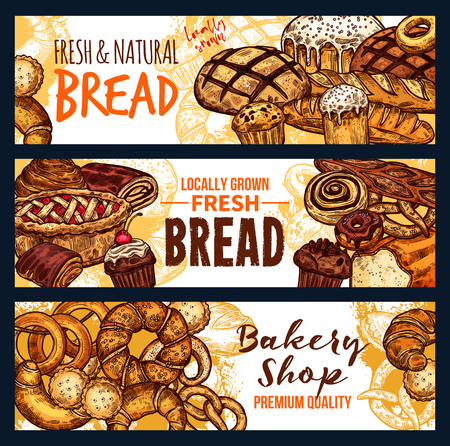 Fresh bread and pastry food sketch banner for bakery shop. Wheat bread, french croissant and baguette, cinnamon bun, fruit pie and cupcake, donut, cake and german pretzel for cafe menu cover designのイラスト素材