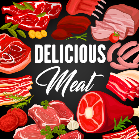 Meat products market or butcher shop poster with frame of beef raw filet and steak, pork bacon and tenderloin or chop, mutton ribs, beefsteak and t-bone sirloin, meaty cutlet and greenery vectorのイラスト素材