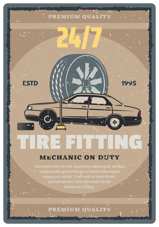 Car repair shop vintage banner of tire fitting service template. Car standing on lifting jack with tire and wheel grunge poster for motor vehicle service, mechanic workshop and garage retro designのイラスト素材