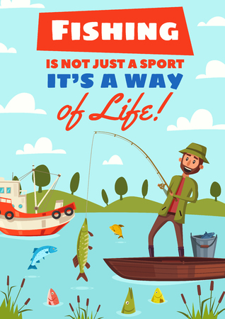 Fishing sport or fisherman hobby cartoon poster. Vector design of happy fisher man in boat on lake or river with rod and big pike fish catch on hook in outdoor nature landscapeのイラスト素材