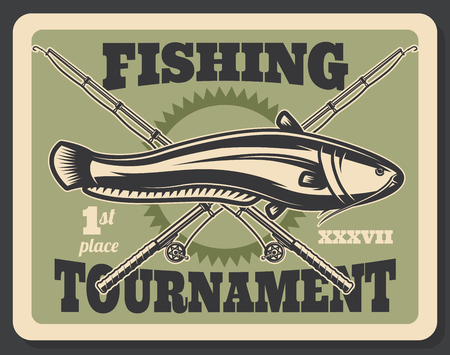 Fishing tournament poster for professional fisherman hobby or sport. Vector retro vintage design of crossed fisher rod, tackles and baits for big sheatfish or catfish catchのイラスト素材