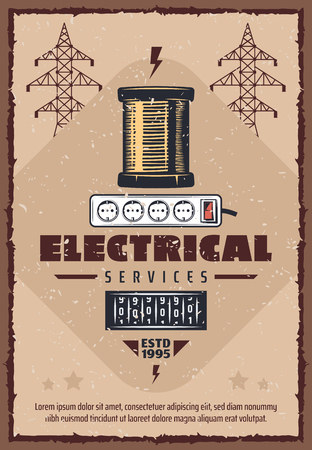 Electrical service vintage poster for electricity power and energy industry. Vector retro design of electric reel and electricity consumption gauge for high voltage postsのイラスト素材