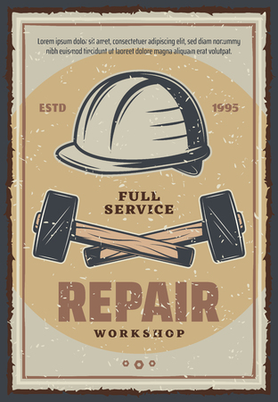 Repair service or workshop poster of construction and home renovation or woodwork tools. Vector retro design of hammers and repairman or worker safety helmet with bolts, screws and nutsのイラスト素材