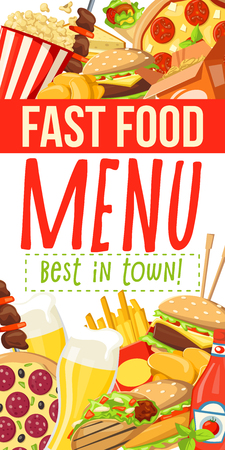 Fast food menu of fastfood meals and snacks or drinks combo for cafe, restaurant or bistro. Vector cheeseburger or hot dog sandwich and hamburger, chicken nuggets with fries or popcorn beer with kebabのイラスト素材