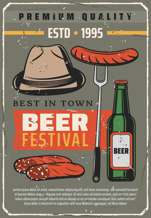 Beer festival retro poster for traditional Oktoberfest or Bavarian brewery house. Vector vintage design of man hat, curry wurst sausages and craft or lager beer bottle for premium quality pub or barのイラスト素材