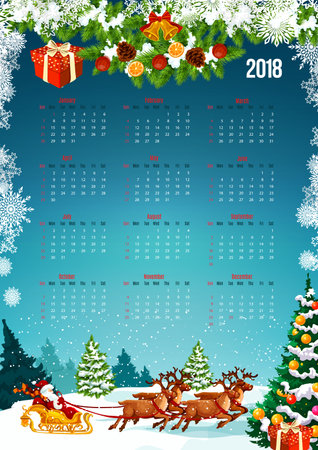 2018 New Year calendar with Christmas tree and gift decoration. Festive calendar template, framed by Xmas tree, bell, snowflake and Santa sleigh with snowy landscape of winter forest on backgroundのイラスト素材