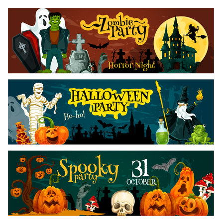 Halloween zombie party invitation banner of october holiday horror night celebration. Spooky pumpkin, ghost and bat, zombie, creepy house and cemetery, mummy, wizard and skeleton skull for card designのイラスト素材