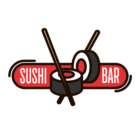 Sushi bar thin line icon of salmon sushi rolls with chopsticks and red banner. Japanese seafood restaurant signboard or takeaway food packaging design usageのイラスト素材