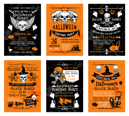 Halloween night party night invitation posters and cards templates for 31 October traditional trick or treat holiday celebration. Vector Halloween pumpkin lantern, skeleton skull and zombie graveのイラスト素材