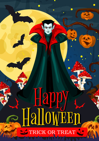 Happy Halloween trick or treat night celebration greeting banner. Spooky vampire, pumpkin lantern and bat, full moon night sky and creepy cemetery tree for october holiday party invitation designのイラスト素材