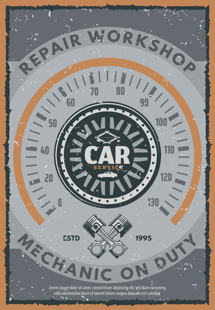 Car service vintage poster of auto repair workshop. Vehicle speedometer in shape of wheel old grunge badge, decorated by piston and tire jack for retro mechanic garage promo banner designのイラスト素材