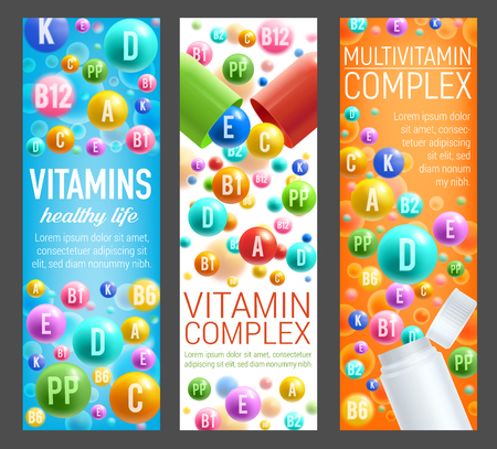 Vitamins and multivitamin complex banners for healthy lifestyle. Vector 3D pills, capsules and plastic bottles of dietary supplements, vitamins and mineral pills for pharmacy advertisementのイラスト素材