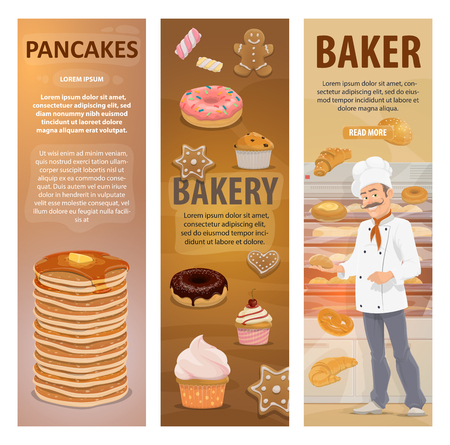 Baker and bakery shop or pastry in bakehouse. Vector design of baker man at work with baked bread, sweet desserts and pancakes, chocolate donuts and bagel loafs, baguette and croissantのイラスト素材