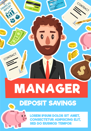 Manager or businessman profession poster. Vector cartoon man boss or office or bank worker with business items of piggy bank for deposit savings, money wallet or bills and credit card with documentsのイラスト素材
