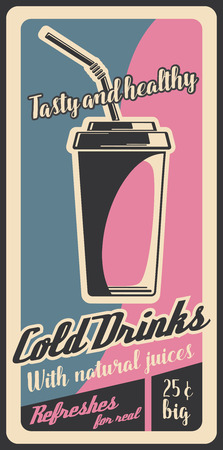 Refreshment drink or juice retro advertisement poster for fast food restaurant or cinema bistro menu. Vector vintage design of cold soda or milkshake for fastfood delivery or takeaway cafeのイラスト素材
