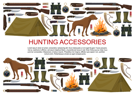 Hunting equipment and hunter accessories poster. Vector icons of hunt dog, camping tent or rifle gun and carbine with arbalest crossbow, compass and binoculars or hunting trap for wild animalsのイラスト素材