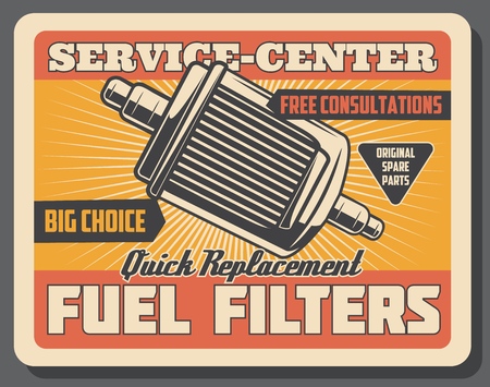 Car repair service center retro poster with fuel filters. Original auto spare parts for vehicle and transport replacement vintage billboard. Automobile repairing or fixing internal mechanisms vectorのイラスト素材
