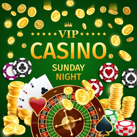 VIP online casino poster with roulette and gold coins, chips for stakes and aces play cards for poker or blackjack games. Private Internet gambling club for gamblers vector. Win money by taking riskのイラスト素材