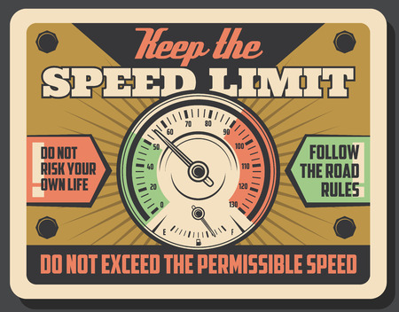 Car speedometer vintage banner, speed limit safety promotion. Drive safe and keep speed limit retro poster. Vector old safety warning signboard design