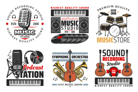 Music shop, sound record studio and podcast station icons with guitar, microphone and headphones, drum set, vinyl records and notes. Symbols with musical instrument and equipmentのイラスト素材