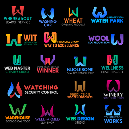 Business icons with corporate identity font of alphabet letter W. Finance, medicine and sport, food, health and construction, car service and IT technology company branded emblems designのイラスト素材