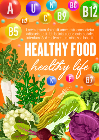 Cabbage, broccoli and asparagus, corn, radish and green arugula, cauliflower and beet, vitamin and mineral. Healthy vegetarian food, vegetable, spice, herbs and vitaminsのイラスト素材