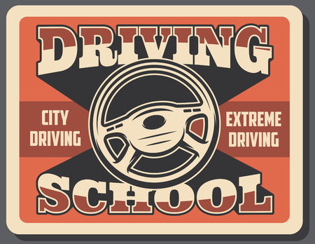 Driving school retro signboard, city and extreme auto drive. Vector vintage grunge red background design of driver steering wheel and dashboardのイラスト素材