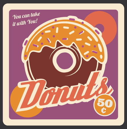 Donut retro poster, fast food restaurant or cinema bistro signboard. Vector vintage design of chocolate donut cake or dessert with candy. Ffastfood delivery or takeaway cafe menu themeのイラスト素材