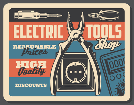 Electrical tools vintage poster, electricity power and energy store signboard. Vector retro design of electric plug and socket, voltmeter tester and wire cutters or ammeterのイラスト素材