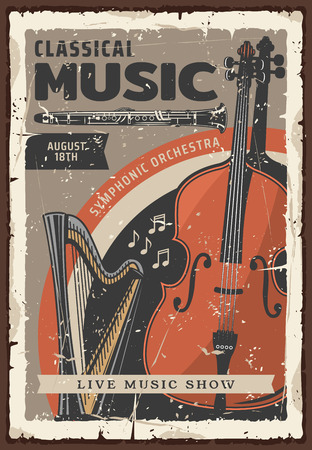 Classical music live show or concert vintage poster with musical instruments. Symphonic orchestra cello, harp and oboe, decorated with musical notes and scratched frame. Vector illustrationのイラスト素材