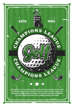 Golf game vintage poster with sport club badge. Ball with crossed clubs and stand bag with green grass course on background, vector illustrationのイラスト素材