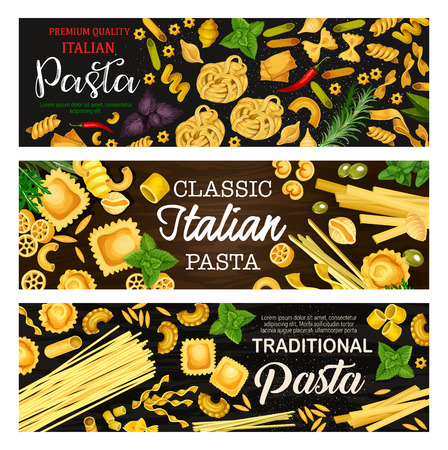 Italian pasta or macaroni vector banners with Italian food. Spaghetti, farfalle and penne, rigatoni, ravioli and tagliatelle, fettuccine, lasagna and noodle on wooden background with herbsのイラスト素材