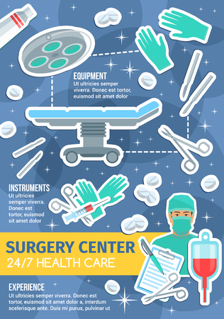 Surgery medical center or clinic service poster. Vector flat design of surgeon operation table, scissors or scalpel and blood transfusion dropper, surgery gloves and pills for healthcare conceptのイラスト素材