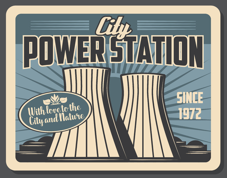 City power station with factory pipes. Powerful plant to supply city with energy. Industrial construction produces fuel or petrol and heating in downtown. Vector signboard designのイラスト素材