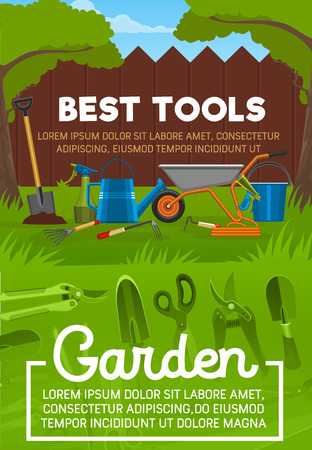 Garden tools with shovel and sprayer, watering can and rake, cart and water hose, bucket and secateurs on grass lawn with wooden fence under trees. Equipment for gardening and planting, vector designのイラスト素材