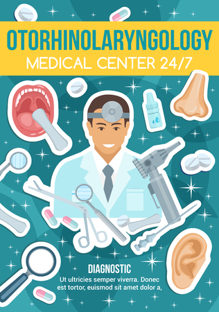 Otorhinolaryngology medical center, diagnostic department. Doctor in robe and equipment, mouth and nose, ear and scissors, drops and pills, magnifier and capsule. Vector illustrationのイラスト素材