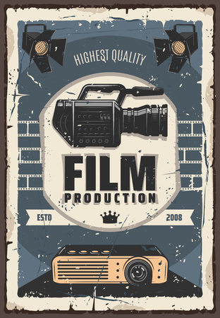 Cinema and movie industry, retro film production. Shooting camera and lighters, old projector and crown sign. Devices or tools for motion picture filming and watching on big screen. Vector designのイラスト素材