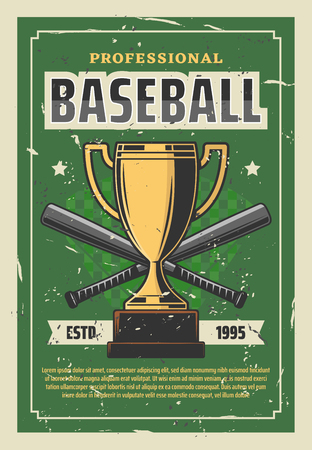 Baseball championship retro poster with gold trophy cup and bats as sportive items. Professional team sport league vintage tournament announcement. Baseball club tournament golden prize vectorのイラスト素材