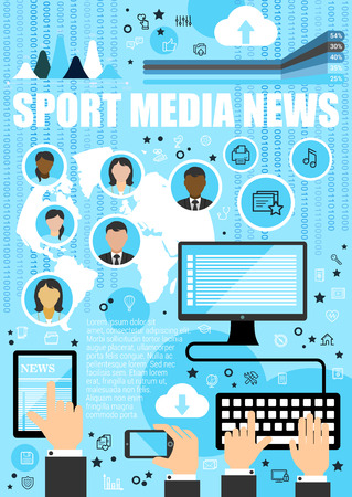 Sport media news. Internet info services with computer and tablet, smartphone and people avatar profiles outline icons. Hands on keyboard and touchscreen vectorのイラスト素材