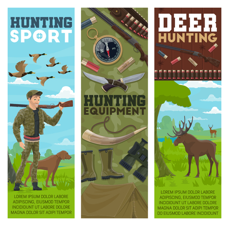 Hunting sport and equipment, vector. Huntsman, birds and animals. Hunter with rifle and dog, ducks flock and moose, compass and knives, rubber boots and binocular, gun with bullets and tentのイラスト素材