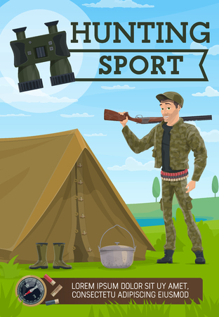 Hunting sport, hunter and camping. Hunter with rifle, tent and rubber boots, kettle and pair of binoculars, grass meadow with lake or river, compass and bullets. Hunting sport vectorのイラスト素材