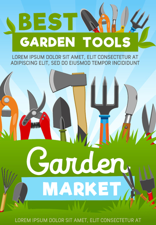 Gardening tools with agriculture or horticulture equipment, vector market. Scissors and secateur, shovel and axe, fork and knife in grass. Tools for work with plants in gardenのイラスト素材