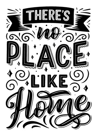 There is no place like home quote, font design and ribbon, swirls and curls with stars. Quotation phrase monochrome vector. Expression or sentence in capital letters with decorのイラスト素材