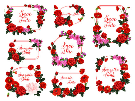 Save the Date wedding invitation template with flower frame. Rose, poppy and water lily, spring clover and azalea floral border for wedding ceremony, bridal shower and anniversary greeting card designのイラスト素材