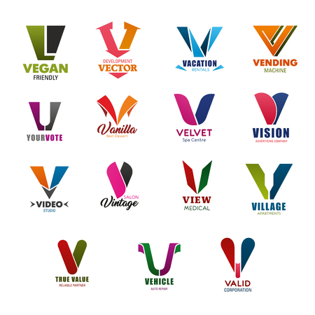 Letter V icons for business in technology, banking and commerce industry. Vector symbols of letter V for vegan food, medical clinic or trade and investment corporationのイラスト素材